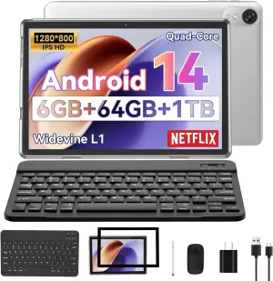 10 inch Android 14 Tablet, 6GB 64GB 1TB Expand, 2 in 1 Tablets with Keyboard, Case, Mouse, Stylus, 1280x800 IPS Touch Screen, 2.0GHz Quad-Core, WiFi 6, Bluetooth5.0, Dual Camera (Silver)