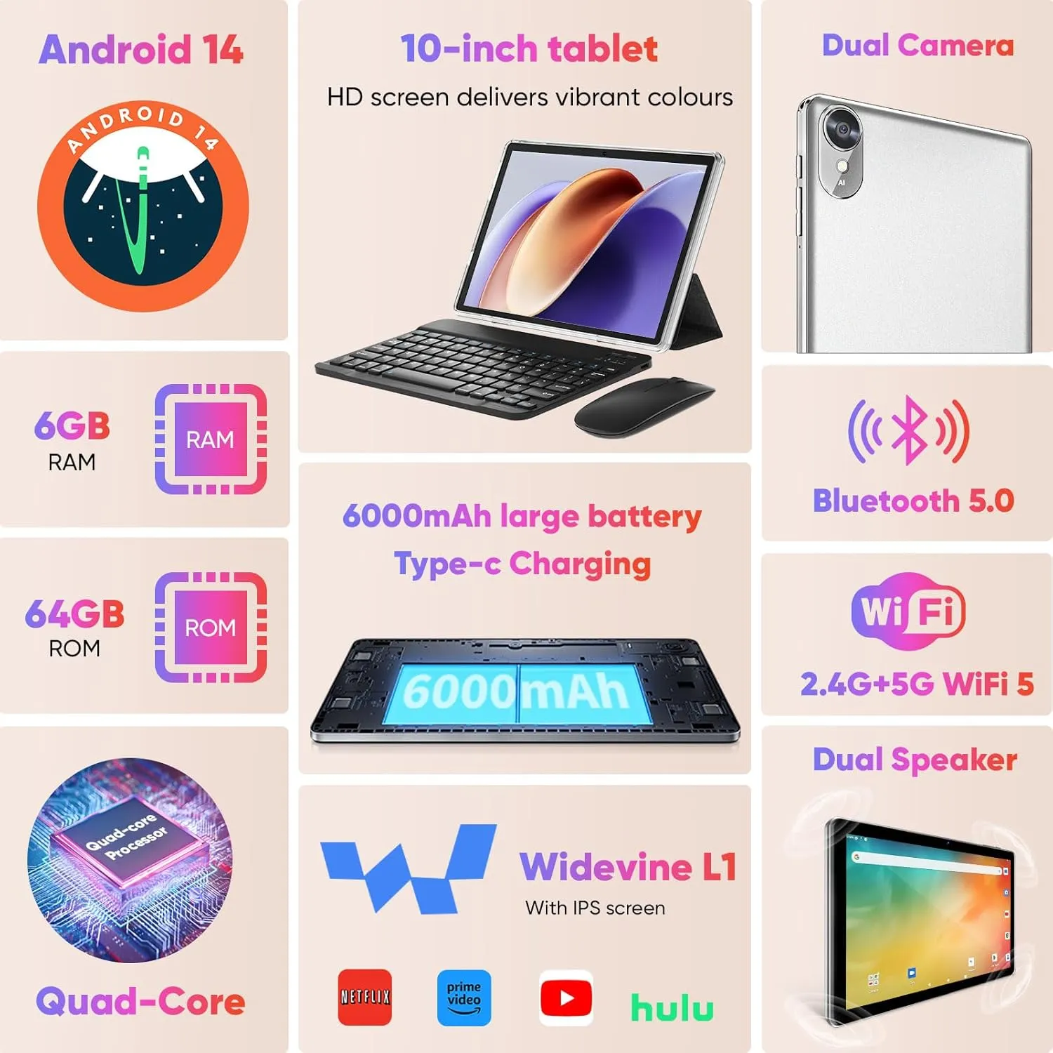 10 inch Android 14 Tablet, 6GB 64GB 1TB Expand, 2 in 1 Tablets with Keyboard, Case, Mouse, Stylus, 1280x800 IPS Touch Screen, 2.0GHz Quad-Core, WiFi 6, Bluetooth5.0, Dual Camera (Silver)