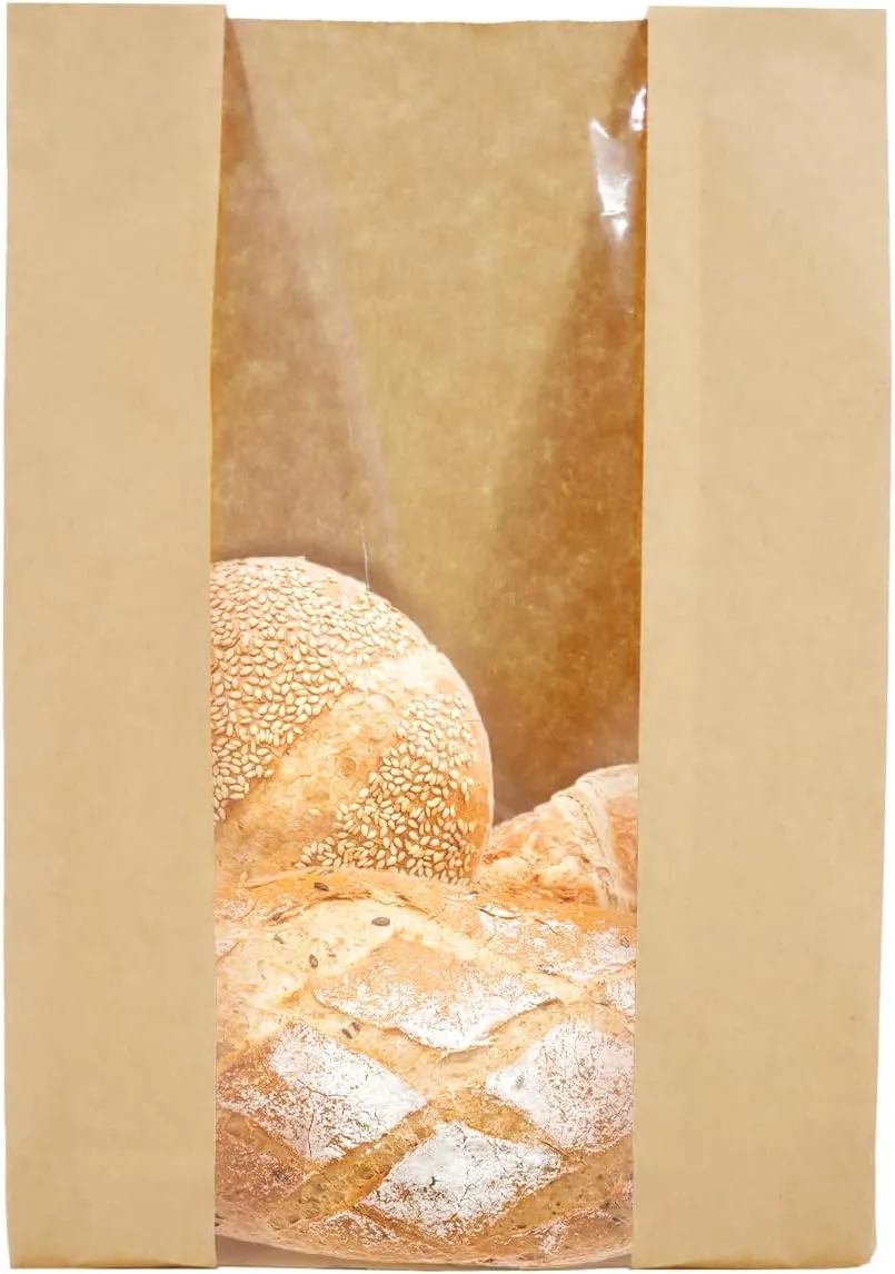 100 Sourdough Bread Bags For Homemade Loaf Kraft Brown Paper Bread Bags with Window and Square Bottom Large Bakery Bag - Reusable and Disposable Square Bottom for Easy Storage of Sandwiches and Bagels