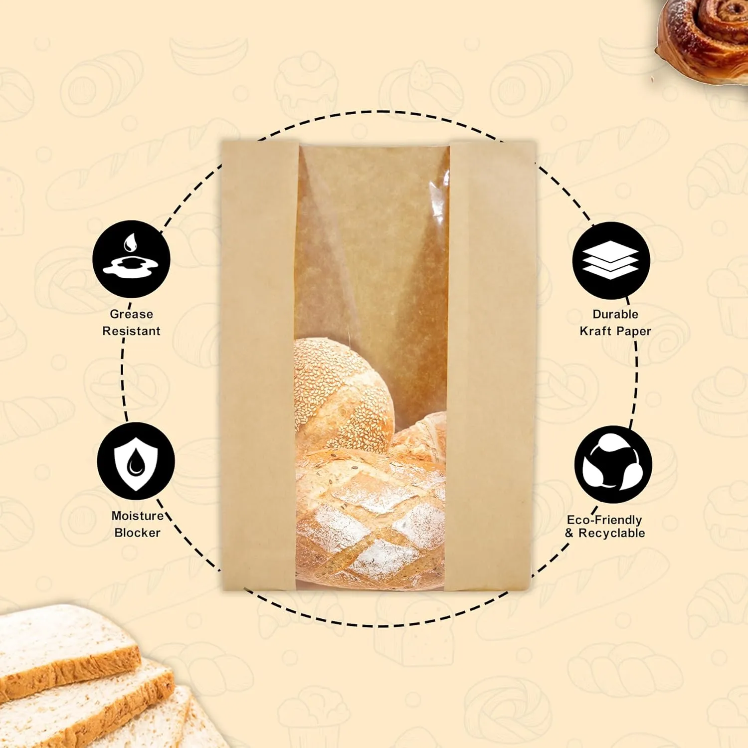100 Sourdough Bread Bags For Homemade Loaf Kraft Brown Paper Bread Bags with Window and Square Bottom Large Bakery Bag - Reusable and Disposable Square Bottom for Easy Storage of Sandwiches and Bagels