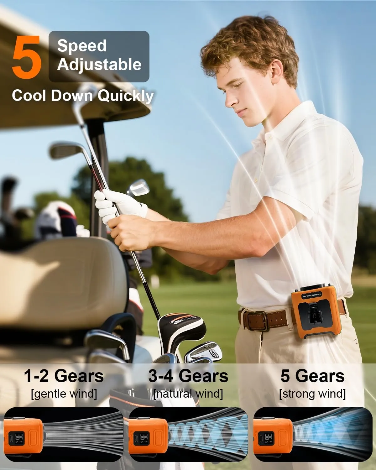 10000mAh Portable Waist Fan Clip On, Personal Shirt Belt Fan Rechargeable With 5 Speeds & Flashlight, Hands-Free Body Neck Wearable For Camping Travel Outdoor Jobsite (Orange)
