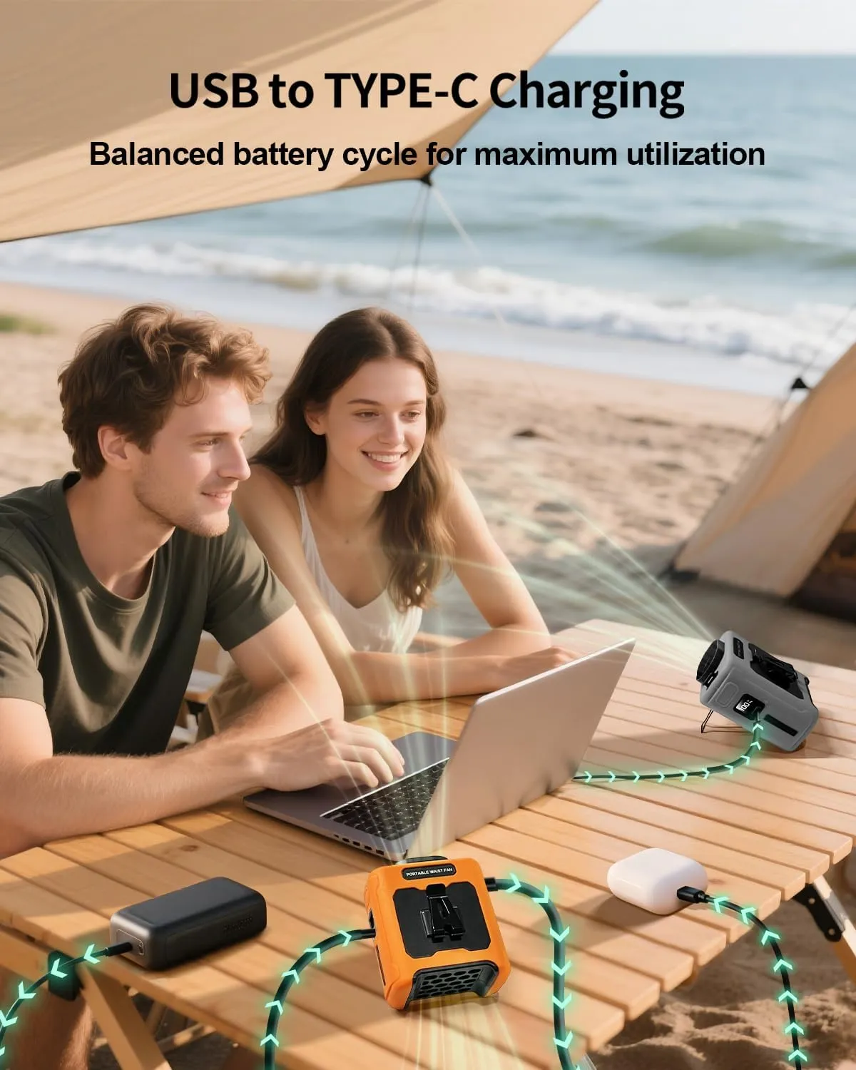 10000mAh Portable Waist Fan Clip On, Personal Shirt Belt Fan Rechargeable With 5 Speeds & Flashlight, Hands-Free Body Neck Wearable For Camping Travel Outdoor Jobsite (Orange)