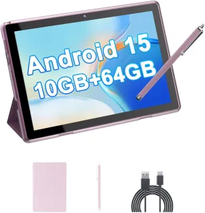 10" Android 15 Tablet, 10(4 6Expand) GB RAM 64GB ROM, 2 8MP Dual Camera, 6000mAh Battery (Tablet case Stylus), Pink