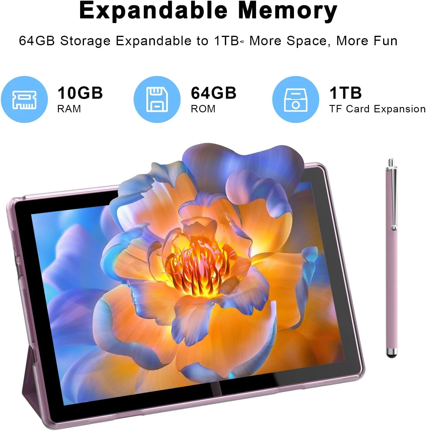 10" Android 15 Tablet, 10(4 6Expand) GB RAM 64GB ROM, 2 8MP Dual Camera, 6000mAh Battery (Tablet case Stylus), Pink