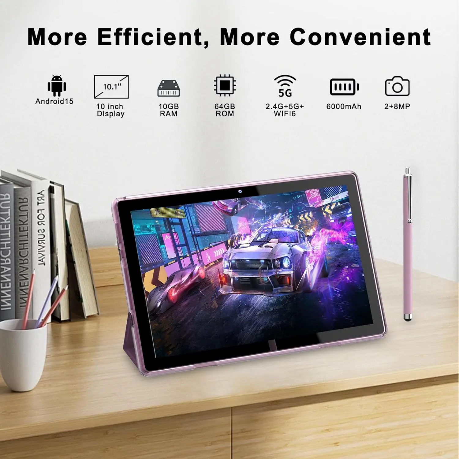 10" Android 15 Tablet, 10(4 6Expand) GB RAM 64GB ROM, 2 8MP Dual Camera, 6000mAh Battery (Tablet case Stylus), Pink