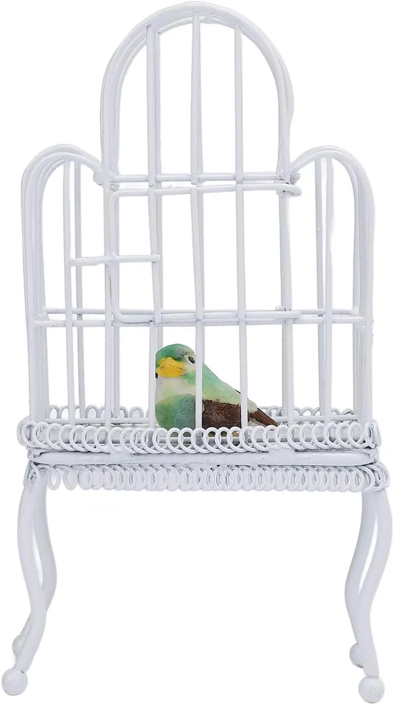 1:12 Scale Dollhouse Bird Cage Metal Miniature Bird Cage Realistic Opening Door Miniature Dollhouse Bird Cage with Fake Grass Bird Sticker (White)