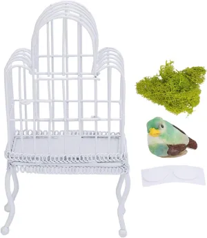 1:12 Scale Dollhouse Bird Cage Metal Miniature Bird Cage Realistic Opening Door Miniature Dollhouse Bird Cage with Fake Grass Bird Sticker (White)