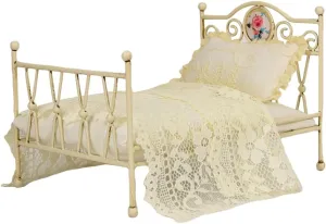 1:12 Scale Miniature Beige Iron Bed with Lace Bedding, Handmade Vintage Dollhouse Furniture BJD Ob11 Accessories