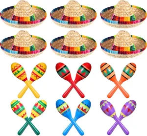 12 Pcs Colorful Wooden Maracas and 6 Pcs Mini Sombrero Hats - Mexican Fiesta Party Favors and Supplies for Carnivals
