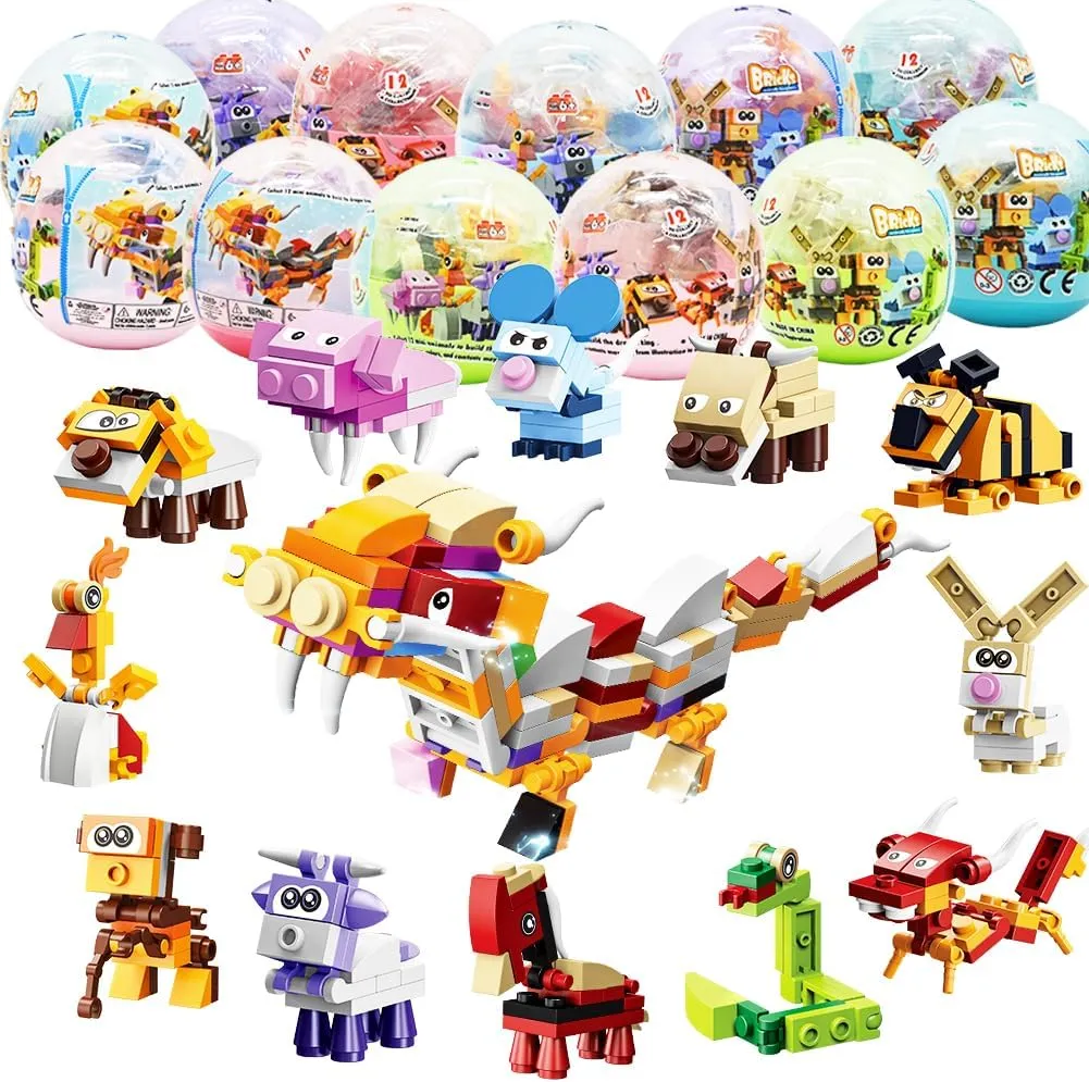 12Pcs PreFilled Easter Eggs with Animals Building Blocks, 12 in 1 Egg Surprise Toys Set for Kids Egg Hunt, Basket Filler and Stuffers, Party Favors, Classroom Prize Toys