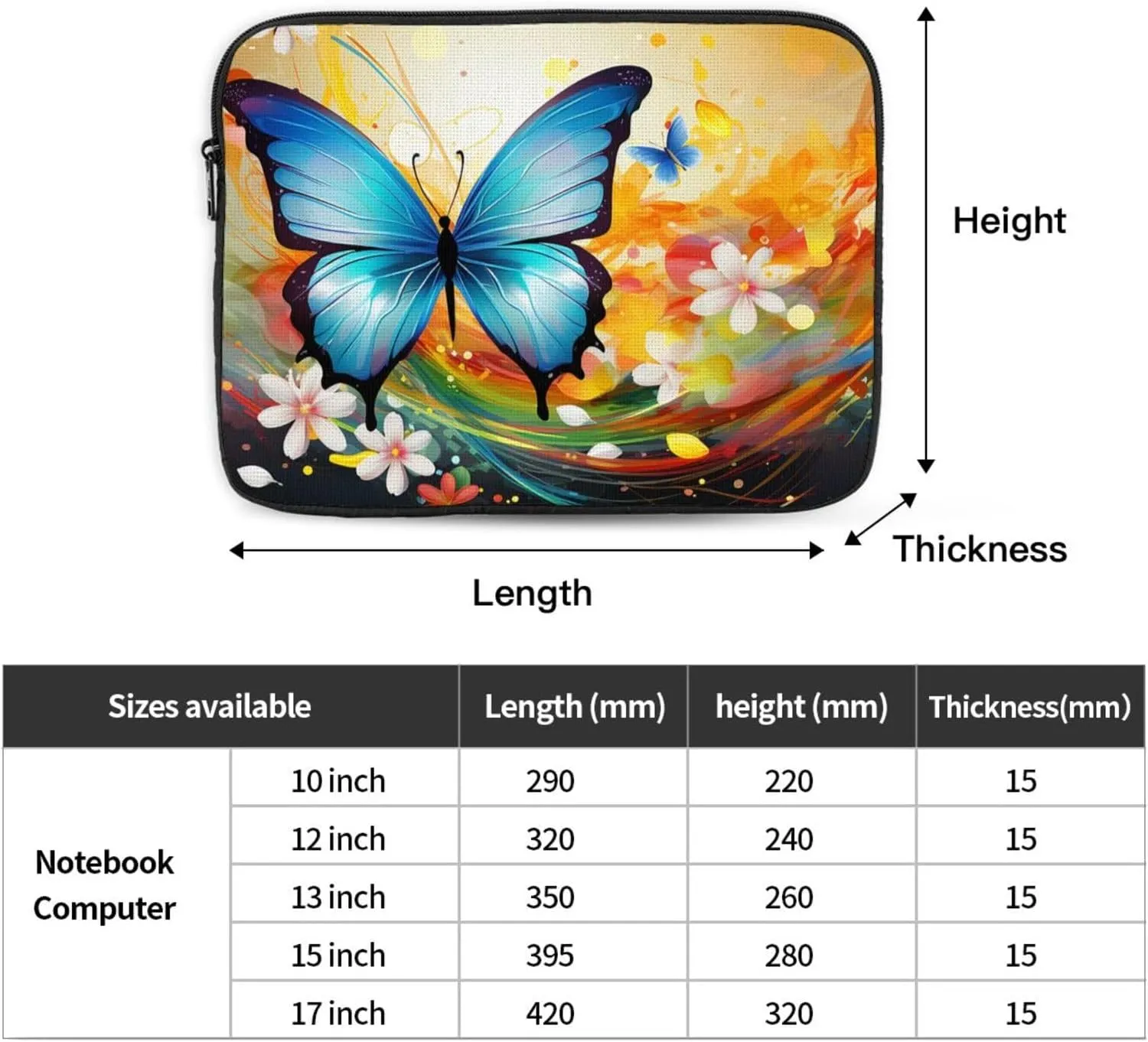 13 Inch Laptop Sleeve Bag Waterproof Shockproof Laptop Case Bag Colorful with Butterfly Computer Skin Bags Lightweight Tablet Carrying Case