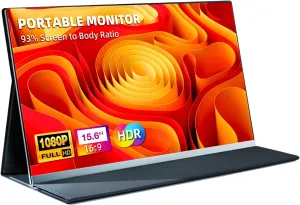 15.6" Portable Monitor for Laptop - Ultra-Thin 1080P FHD 93% Screen Ratio 120% sRGB Wide Color HDR USB-C HDMI Display Gaming Monitor with Smart Cover & Stand for PC MAC Phone PS4/5 Xbox Switch
