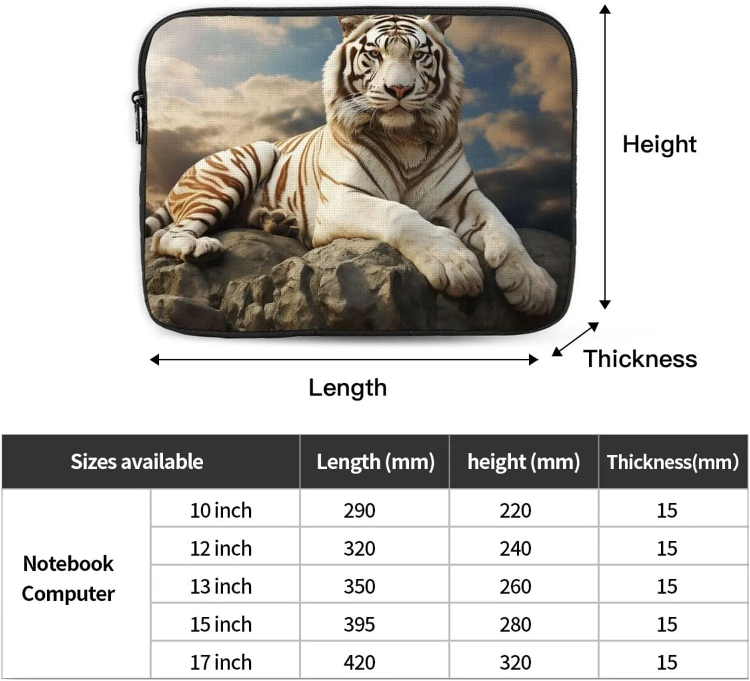 17 Inch Laptop Sleeve Bag Waterproof Shockproof Laptop Case Bag Majestic Tiger Resting On A Rock with Cloudy Sky Computer Skin Bags Lightweight Tablet Carrying Case