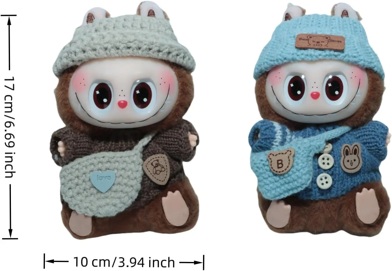 17cm Doll Clothes Set (Doll Not Included) - 6-Piece Handmade Crochet Outfit, Chic Fashion with Stylish Accessories for Mini Dolls Refills [Blue Brown]