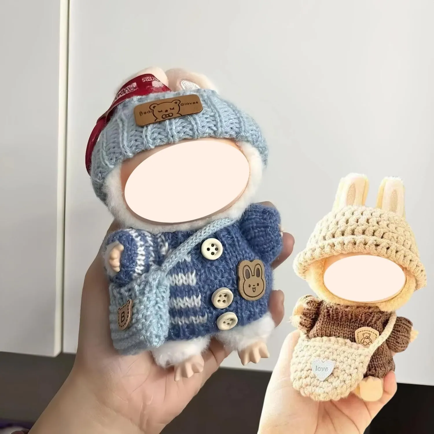 17cm Doll Clothes Set (Doll Not Included) - 6-Piece Handmade Crochet Outfit, Chic Fashion with Stylish Accessories for Mini Dolls Refills [Blue Brown]