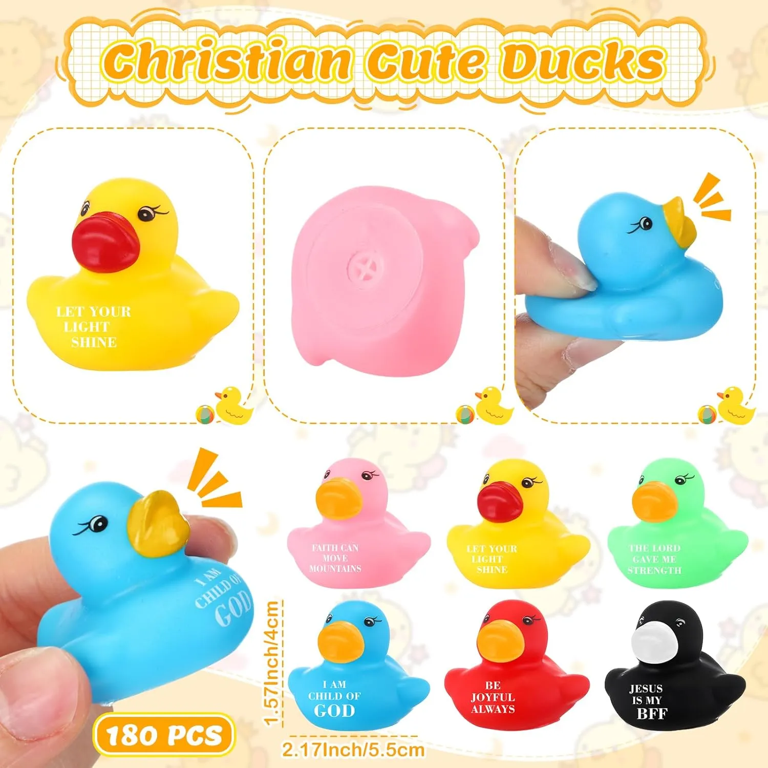180 Pcs Christian Rubber Ducks Bulk for Kids Biblical Stuffed Animals Jesus Loves You Religious Prizes for Festival Spring Party Classroom(Colorful)