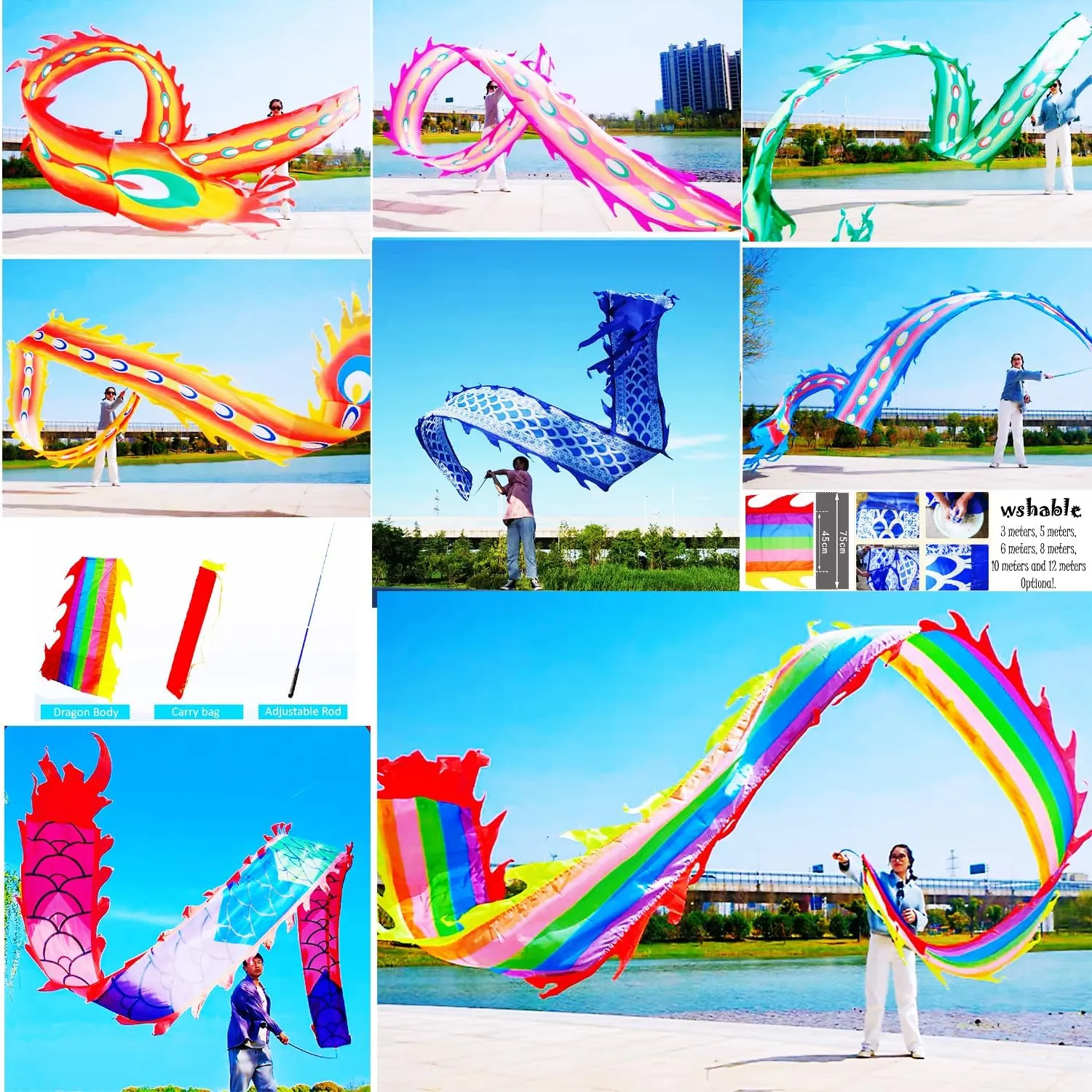 19.6 FT(6 Meters) Rainbow Ribbon Dragon Dance Poi, Outdoor Flinging Fitness Dragon Flowy Toy Silk-Like Dragon Ribbon Streamer Set (Random Dragon Pattern)