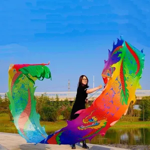 19.6 FT(6 Meters) Rainbow Ribbon Dragon Dance Poi, Outdoor Flinging Fitness Dragon Flowy Toy Silk-Like Dragon Ribbon Streamer Set (Random Dragon Pattern)