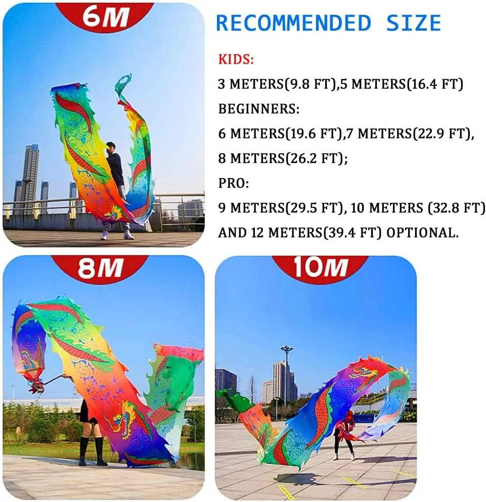19.6 FT(6 Meters) Rainbow Ribbon Dragon Dance Poi, Outdoor Flinging Fitness Dragon Flowy Toy Silk-Like Dragon Ribbon Streamer Set (Random Dragon Pattern)