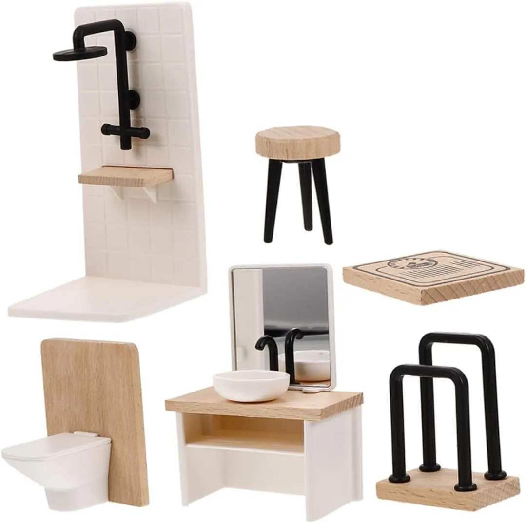 1Set Dollhouse Miniature Bathroom Set Collection with Shower Sink Toilet Dressing Stool Towel Rack and Scale Doll House Accessories for Creative Play