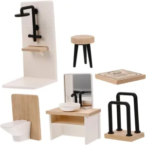 1Set Dollhouse Miniature Bathroom Set Collection with Shower Sink Toilet Dressing Stool Towel Rack and Scale Doll House Accessories for Creative Play