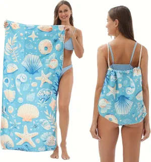 2-in-1 Beach Towel Backpack,Cute Microfiber Oversized Lightweight Beach Towel,with Storage Bag Adults Women Men Beach Essentials Accessories Vacation Gift (Pale Blue Shell, Medium)
