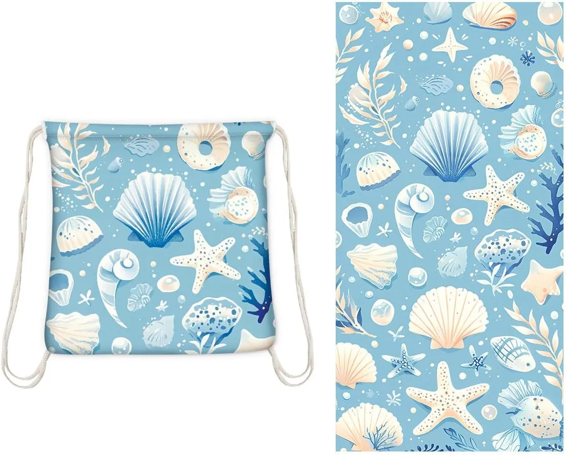 2-in-1 Beach Towel Backpack,Cute Microfiber Oversized Lightweight Beach Towel,with Storage Bag Adults Women Men Beach Essentials Accessories Vacation Gift (Pale Blue Shell, Medium)