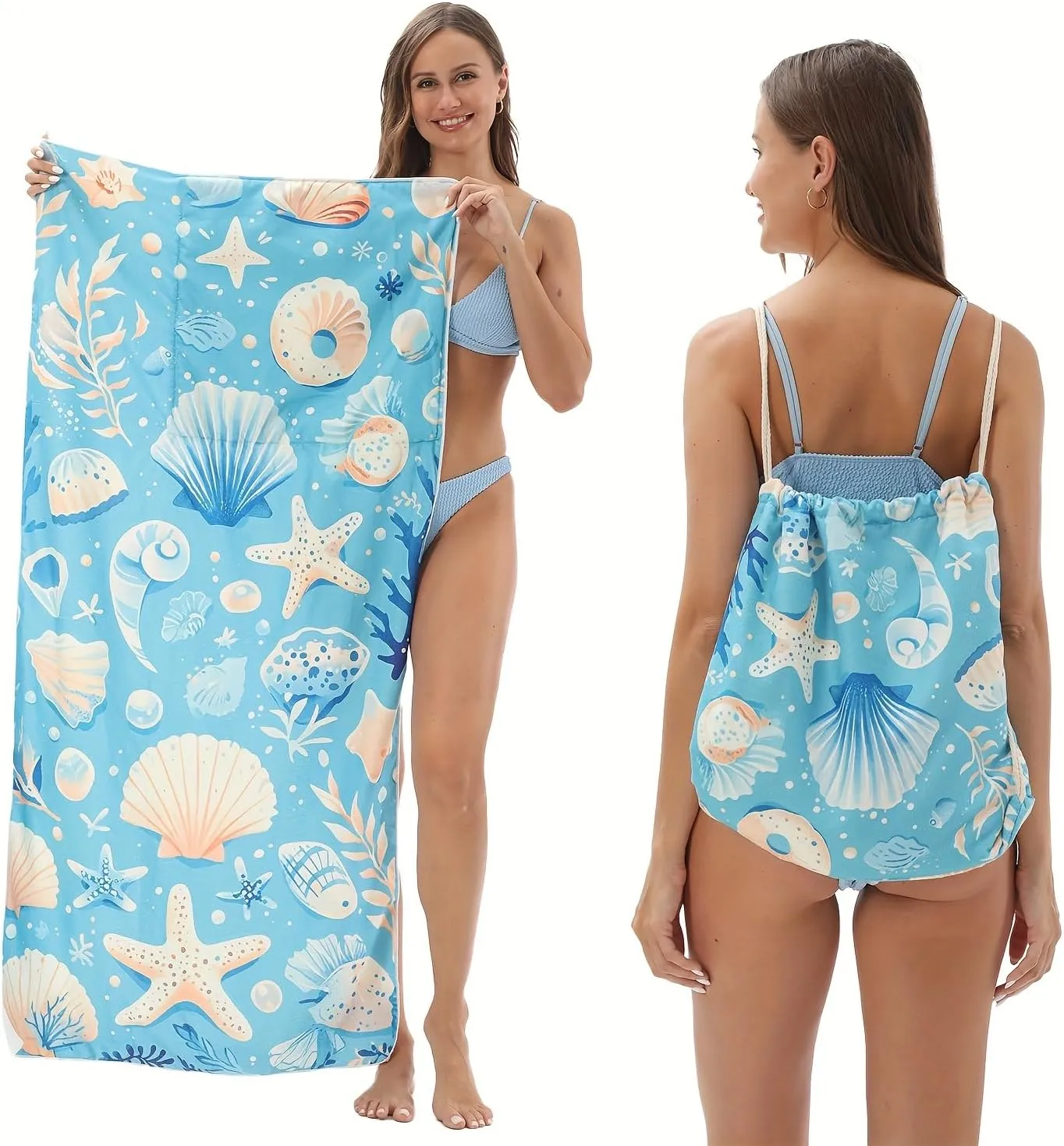 2-in-1 Beach Towel Backpack,Cute Microfiber Oversized Lightweight Beach Towel,with Storage Bag Adults Women Men Beach Essentials Accessories Vacation Gift (Pale Blue Shell, Medium)