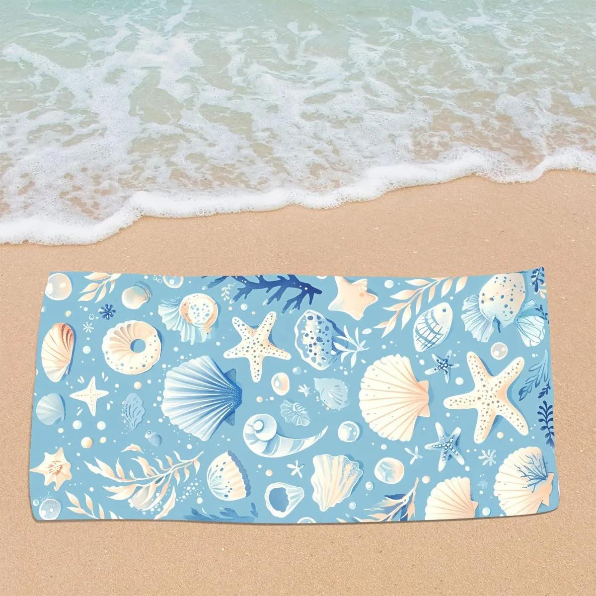 2-in-1 Beach Towel Backpack,Cute Microfiber Oversized Lightweight Beach Towel,with Storage Bag Adults Women Men Beach Essentials Accessories Vacation Gift (Pale Blue Shell, Medium)
