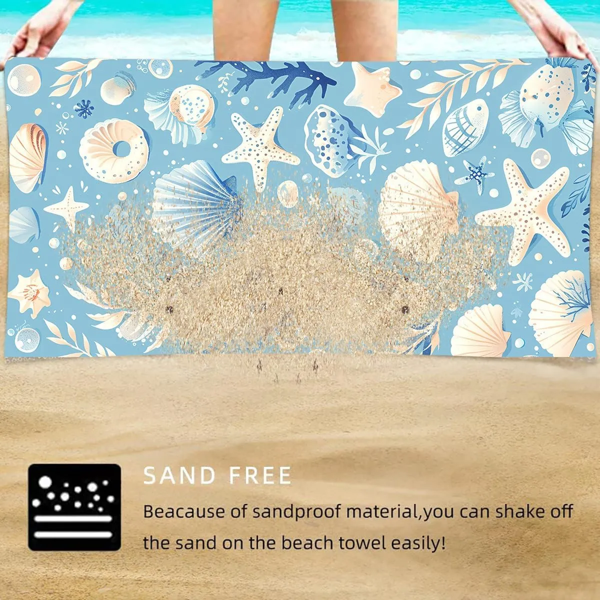 2-in-1 Beach Towel Backpack,Cute Microfiber Oversized Lightweight Beach Towel,with Storage Bag Adults Women Men Beach Essentials Accessories Vacation Gift (Pale Blue Shell, Medium)