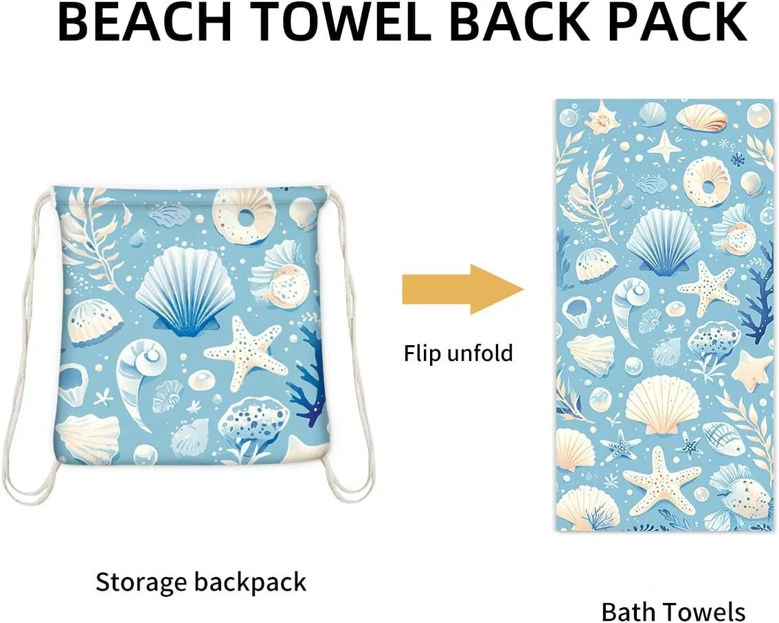 2-in-1 Beach Towel Backpack,Cute Microfiber Oversized Lightweight Beach Towel,with Storage Bag Adults Women Men Beach Essentials Accessories Vacation Gift (Pale Blue Shell, Medium)