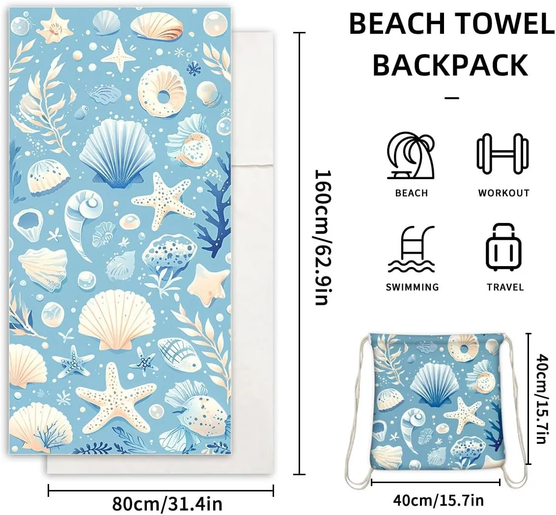 2-in-1 Beach Towel Backpack,Cute Microfiber Oversized Lightweight Beach Towel,with Storage Bag Adults Women Men Beach Essentials Accessories Vacation Gift (Pale Blue Shell, Medium)