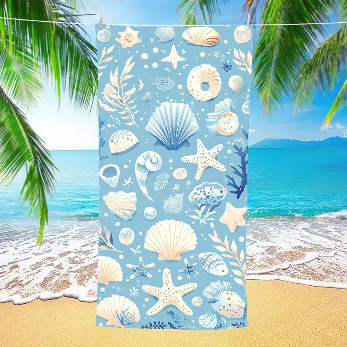2-in-1 Beach Towel Backpack,Cute Microfiber Oversized Lightweight Beach Towel,with Storage Bag Adults Women Men Beach Essentials Accessories Vacation Gift (Pale Blue Shell, Medium)