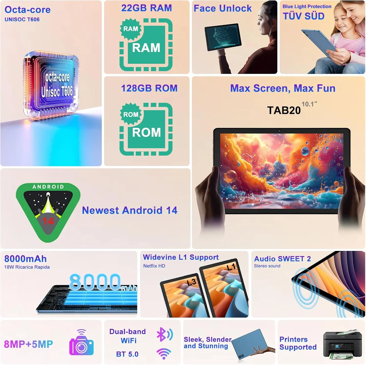 2025 Android 14 Tablet, 22G 128G/1TB Expansion, 10 inch Tablets with 8000 mAh Battery, Octa-Core, GPS, Split-Screen, Face Unlock, 2 in 1 Tablet with Keyboard, Mouse, Case, Metal Blue
