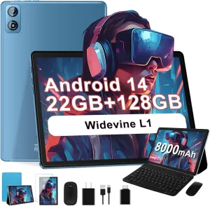 2025 Android 14 Tablet, 22G 128G/1TB Expansion, 10 inch Tablets with 8000 mAh Battery, Octa-Core, GPS, Split-Screen, Face Unlock, 2 in 1 Tablet with Keyboard, Mouse, Case, Metal Blue