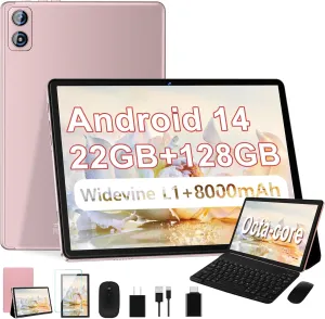 2025 Android 14 Tablet, 22G 128G/1TB Expansion, 10 inch Tablets with 8000 mAh Battery, Octa-Core, GPS, Split-Screen, Face Unlock, 2 in 1 Tablet with Keyboard, Mouse, Case, Rose Gold