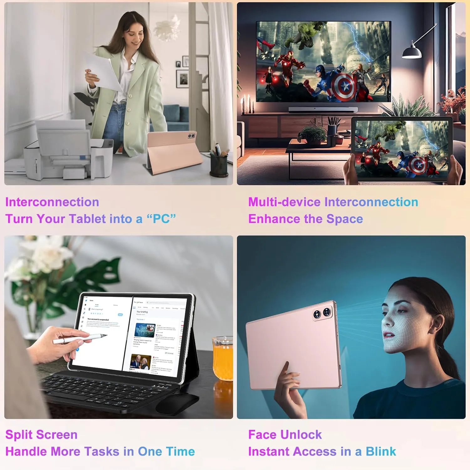 2025 Android 14 Tablet, 22G 128G/1TB Expansion, 10 inch Tablets with 8000 mAh Battery, Octa-Core, GPS, Split-Screen, Face Unlock, 2 in 1 Tablet with Keyboard, Mouse, Case, Rose Gold
