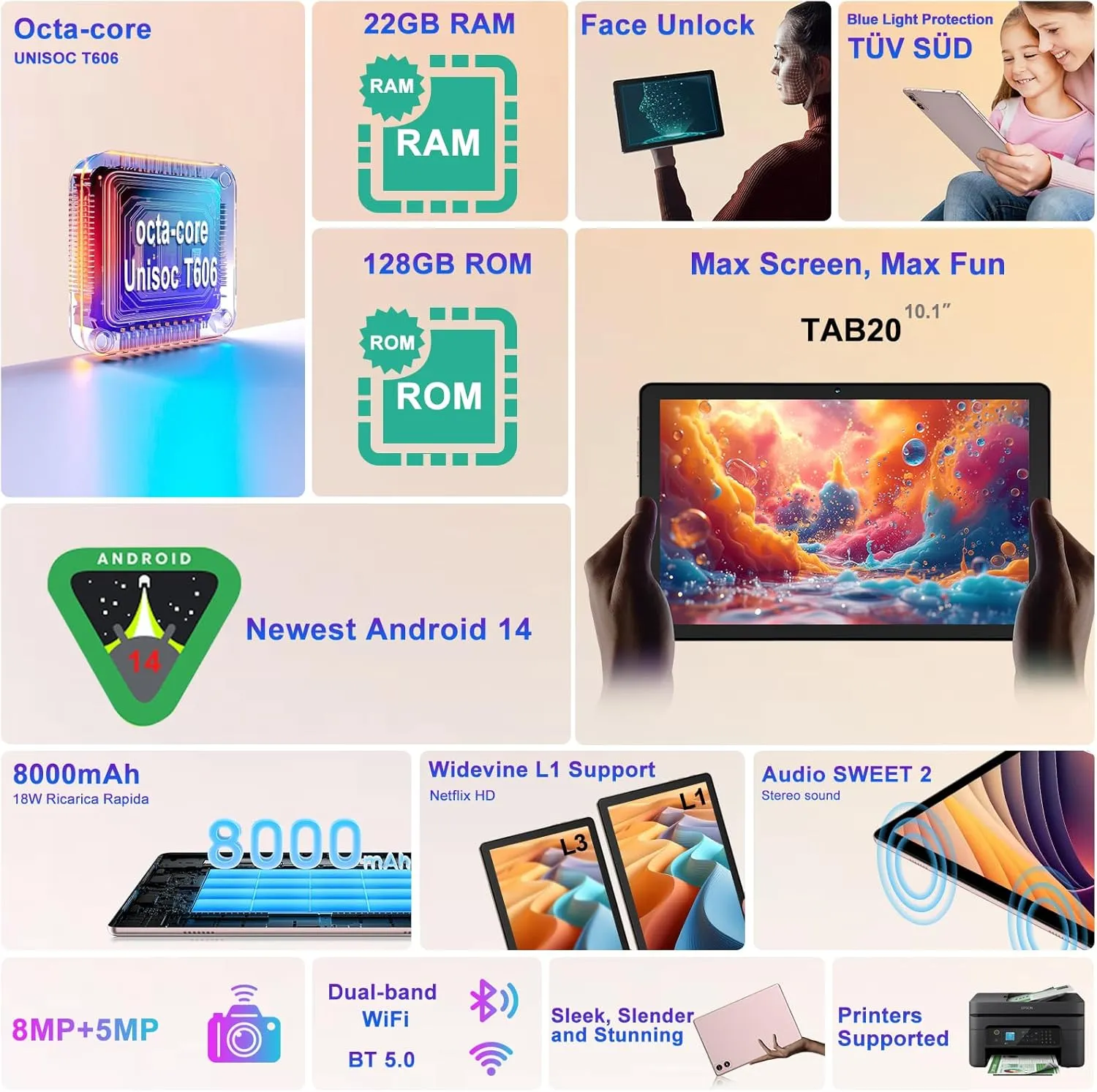 2025 Android 14 Tablet, 22G 128G/1TB Expansion, 10 inch Tablets with 8000 mAh Battery, Octa-Core, GPS, Split-Screen, Face Unlock, 2 in 1 Tablet with Keyboard, Mouse, Case, Rose Gold
