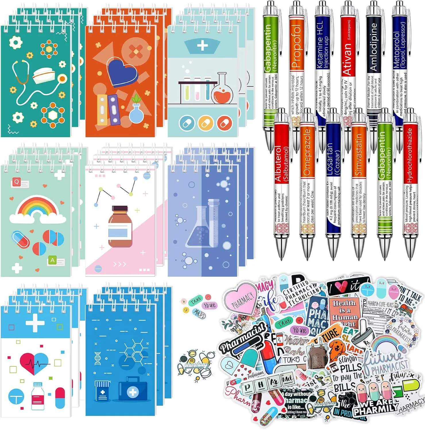 24 Sets Pharmacist Gift Set Includes 24 Pcs Pharmacy Pens 24 Pcs Pharmacist Journal Notebook 1 Bag Cute Stickers for Nursing Week Pharmacy Technician School Student