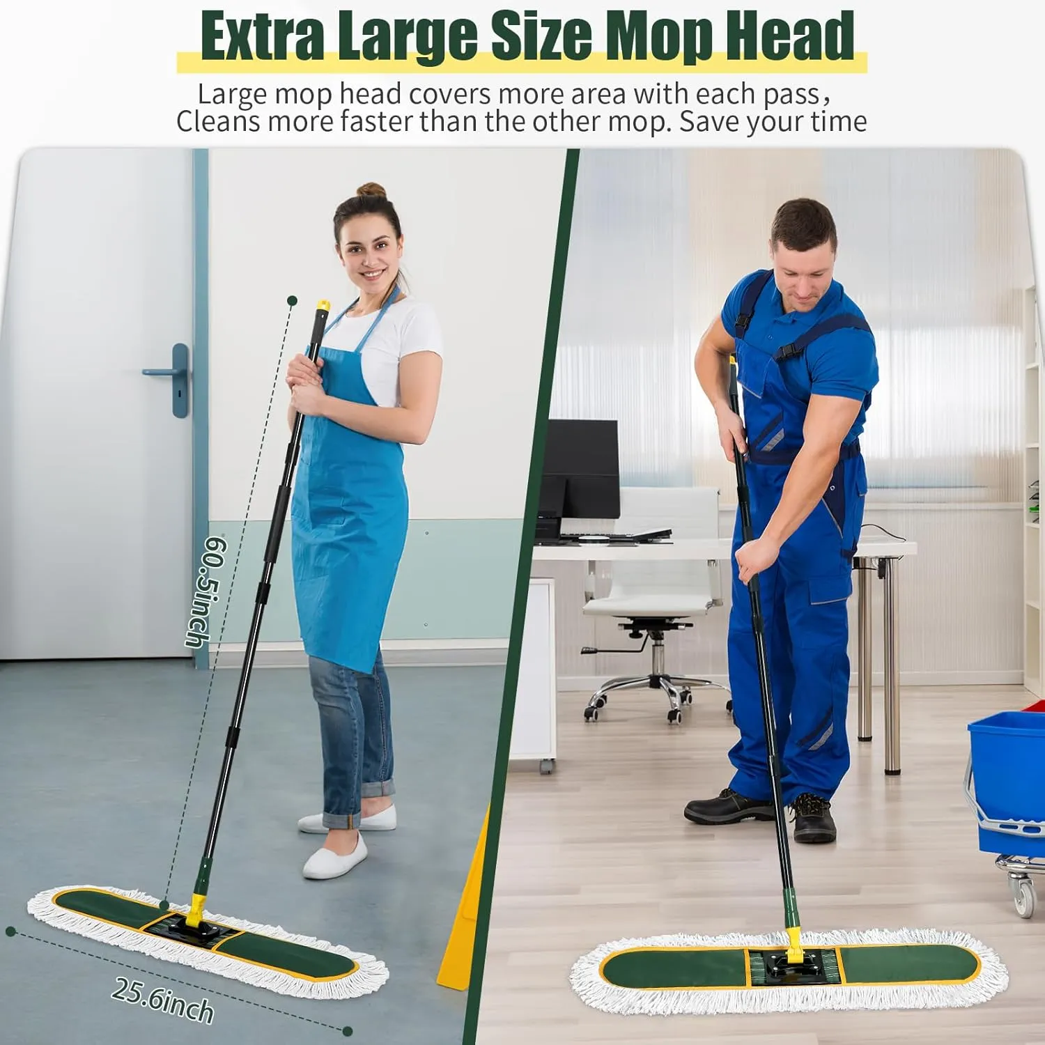 24" Commercial Dust Mop for Floor Cleaning, Heavy Duty Large Mop with Replacement Mops Pads, Industrial Duster Floor Wet Dry Broom for Cleaning Office Garage Hardwood Warehouse Factory Mall