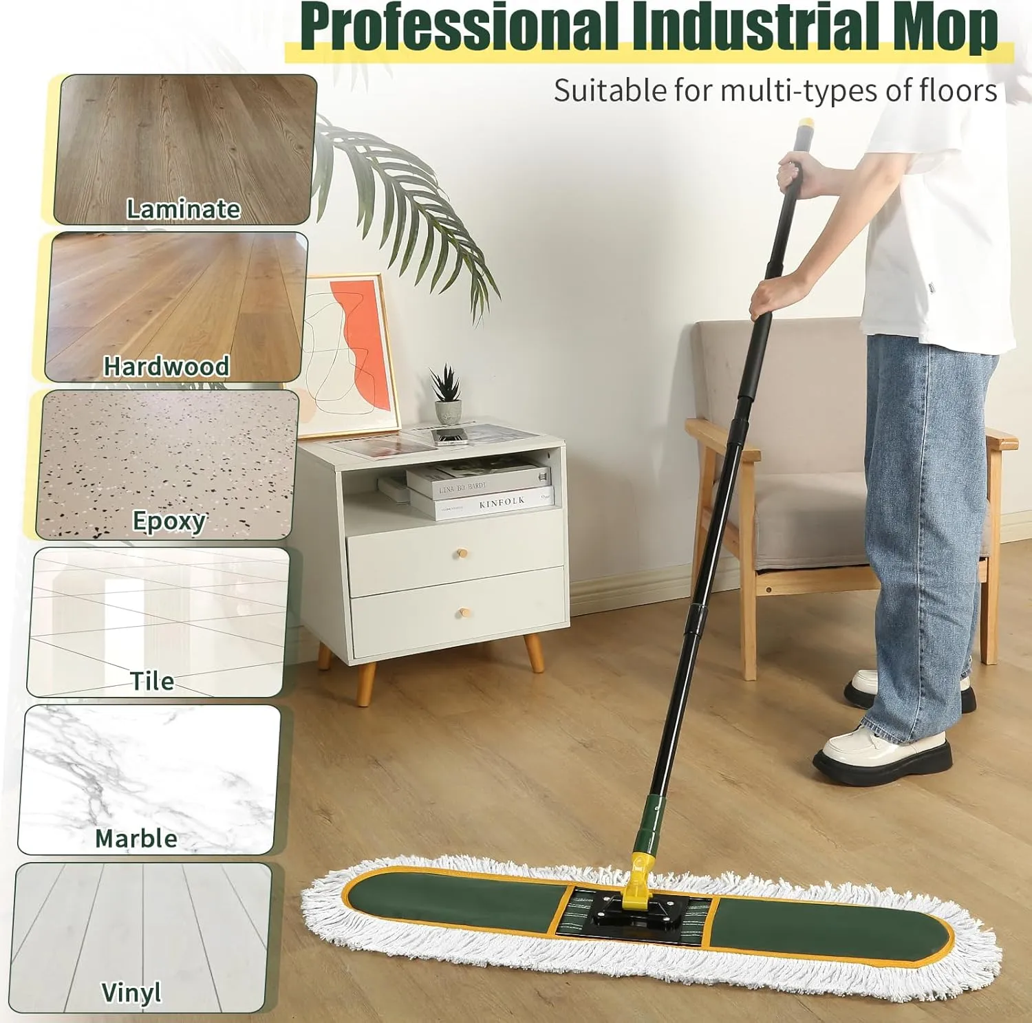 24" Commercial Dust Mop for Floor Cleaning, Heavy Duty Large Mop with Replacement Mops Pads, Industrial Duster Floor Wet Dry Broom for Cleaning Office Garage Hardwood Warehouse Factory Mall