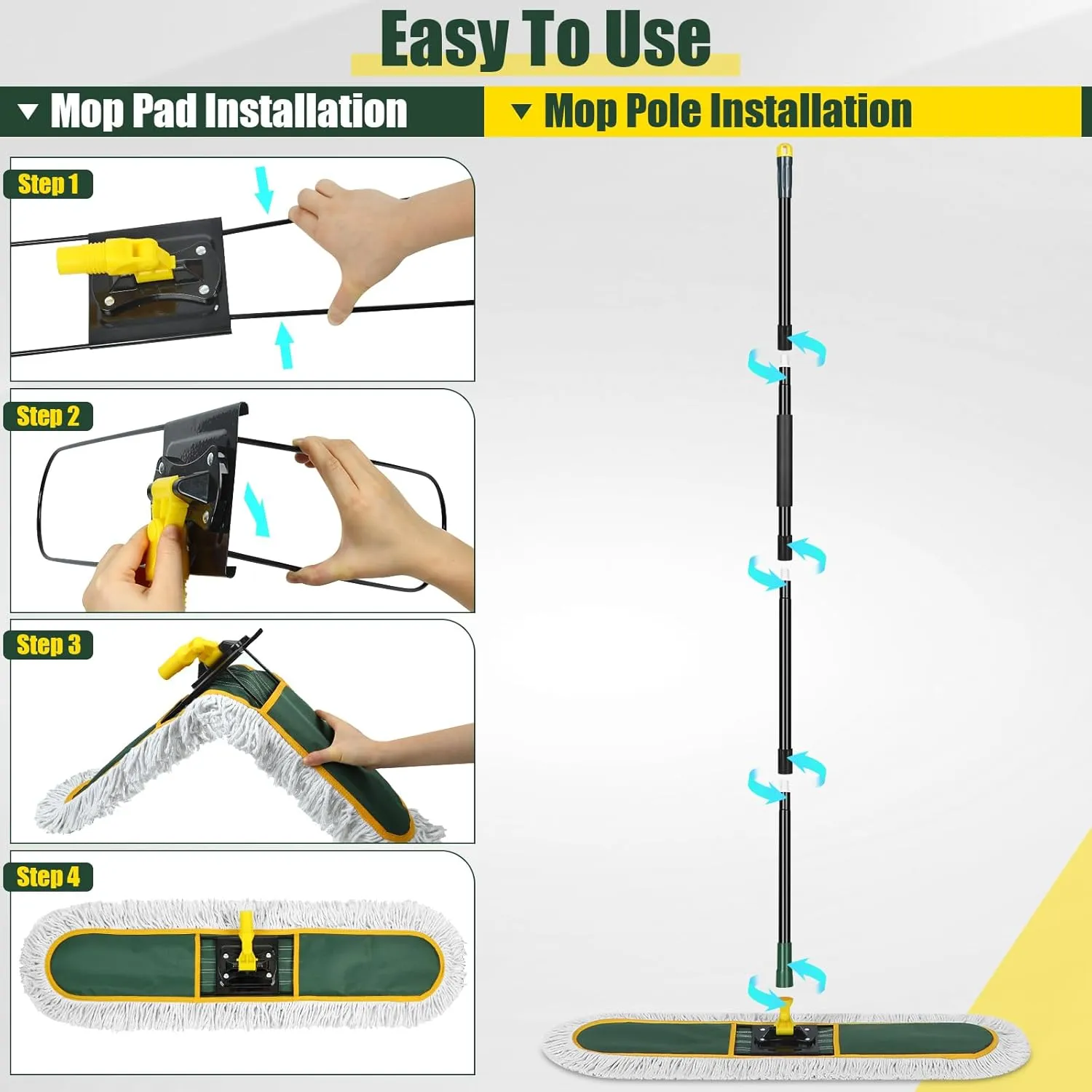 24" Commercial Dust Mop for Floor Cleaning, Heavy Duty Large Mop with Replacement Mops Pads, Industrial Duster Floor Wet Dry Broom for Cleaning Office Garage Hardwood Warehouse Factory Mall