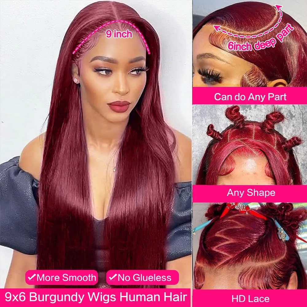 250% Density Flexi-Fit Invisi Drawstring Wig 9x6 Glueless Wigs Human Hair Pre Plucked Pre Cut Straight Hair Wigs 99j Burgundy Lace Front Wigs Human Hair for Women 30 Inch