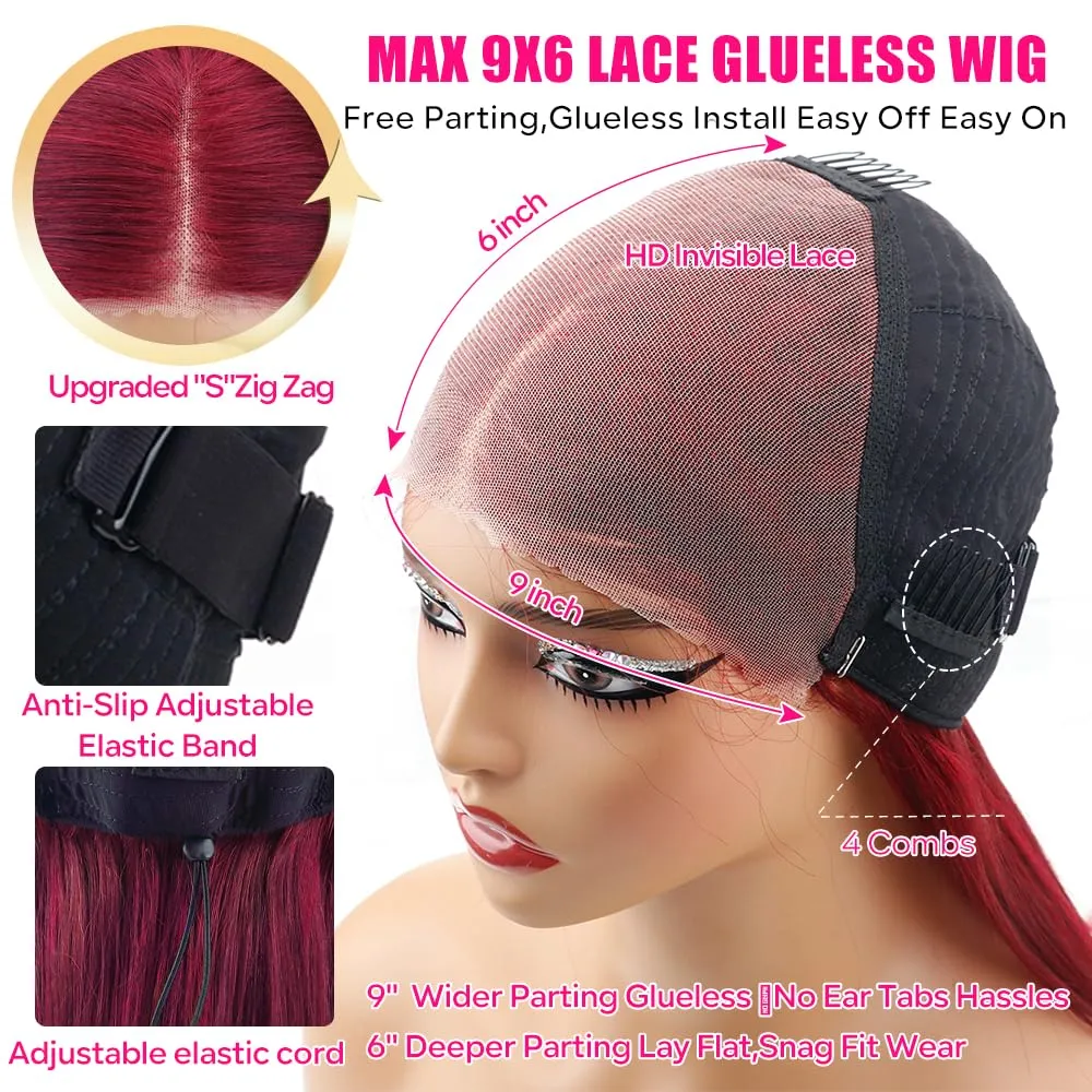 250% Density Flexi-Fit Invisi Drawstring Wig 9x6 Glueless Wigs Human Hair Pre Plucked Pre Cut Straight Hair Wigs 99j Burgundy Lace Front Wigs Human Hair for Women 30 Inch