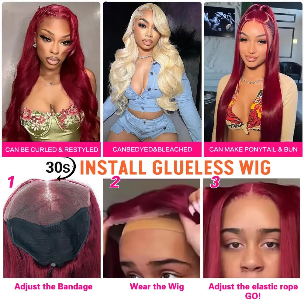 250% Density Flexi-Fit Invisi Drawstring Wig 9x6 Glueless Wigs Human Hair Pre Plucked Pre Cut Straight Hair Wigs 99j Burgundy Lace Front Wigs Human Hair for Women 30 Inch