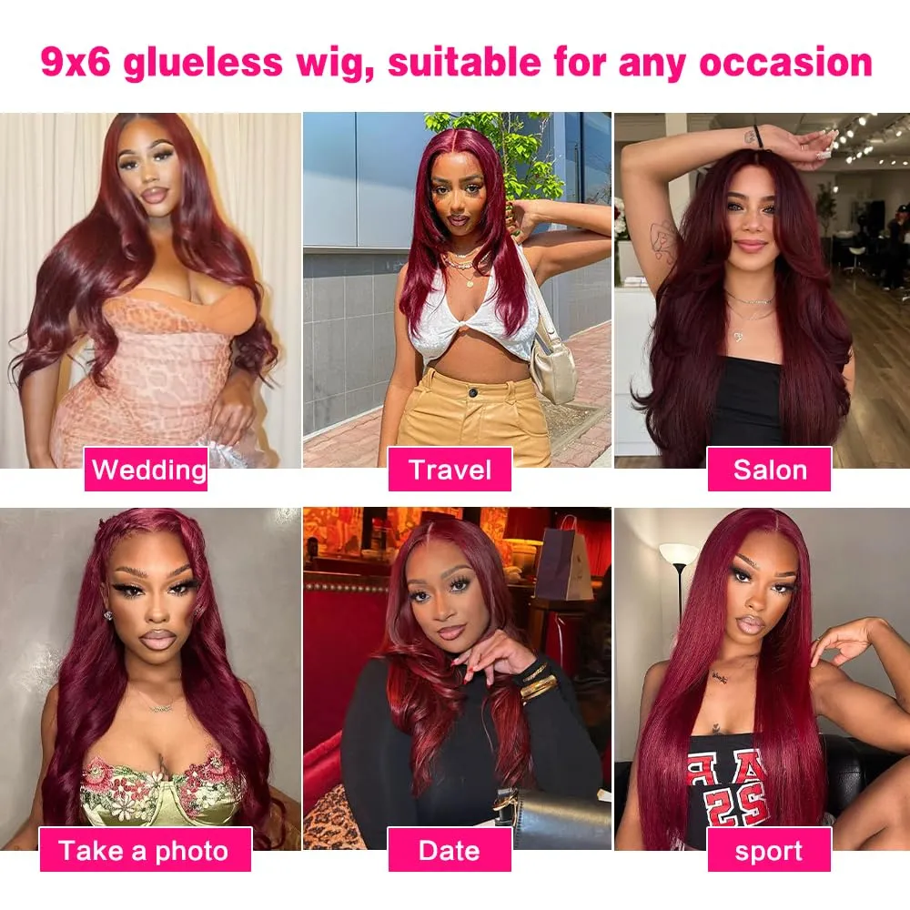 250% Density Flexi-Fit Invisi Drawstring Wig 9x6 Glueless Wigs Human Hair Pre Plucked Pre Cut Straight Hair Wigs 99j Burgundy Lace Front Wigs Human Hair for Women 30 Inch