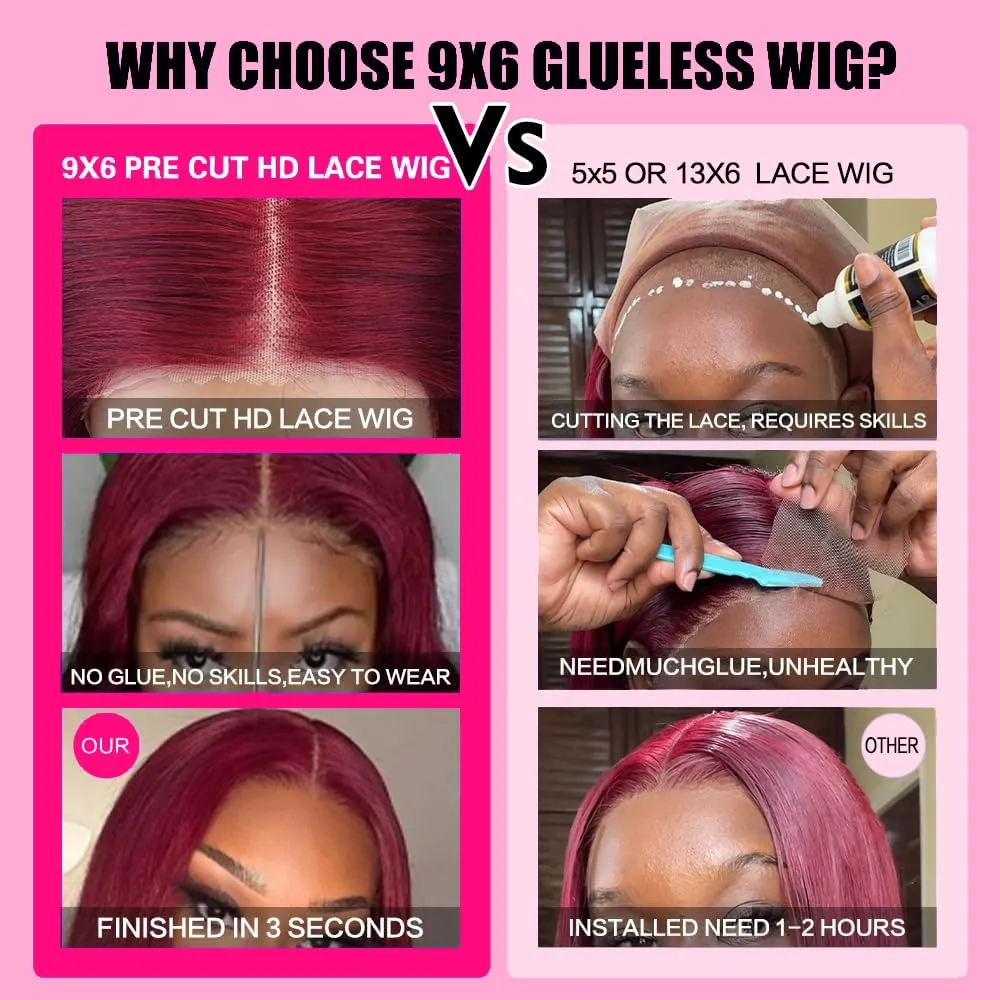 250% Density Flexi-Fit Invisi Drawstring Wig 9x6 Glueless Wigs Human Hair Pre Plucked Pre Cut Straight Hair Wigs 99j Burgundy Lace Front Wigs Human Hair for Women 30 Inch