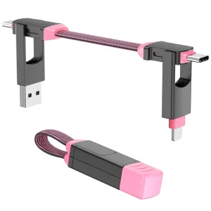 【2Pack】 Multi Charging Cable Short Magnetic Keyring 4 in 1 USB Charger Data Cord Travel Portable USB A/C to Type C/L Port Connectors Compatible Phone Tablet Laptop Portable Charger(Pink)