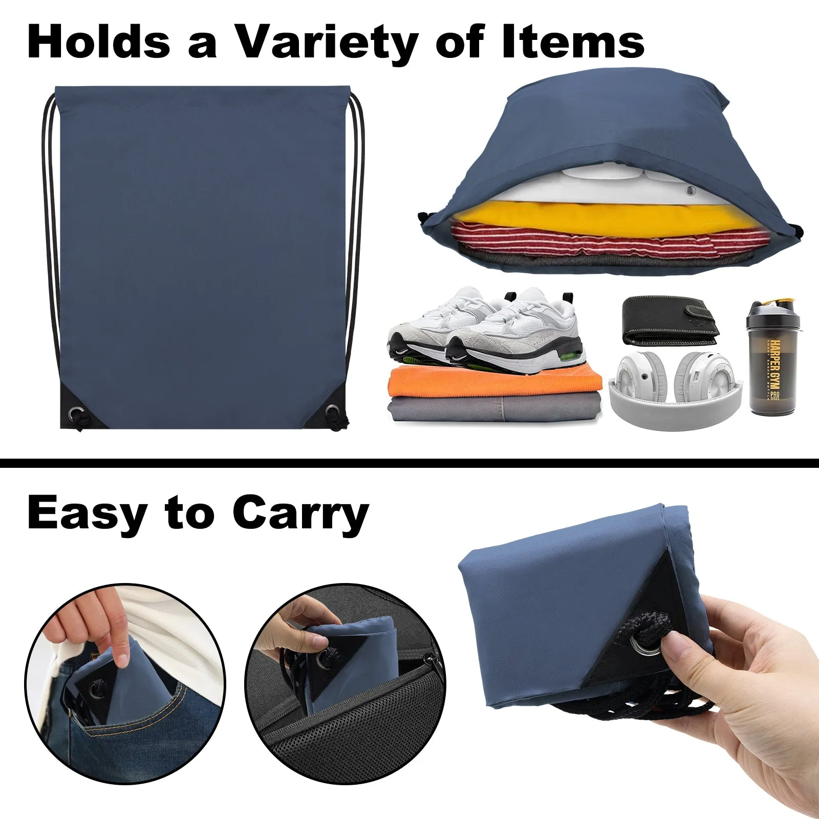 2PCS Drawstring Bags Bulk, String Backpack Navy Blue HRS10