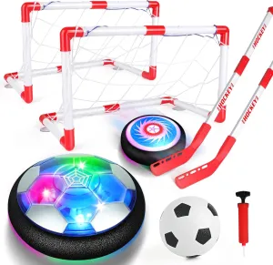 3-in-1 Hover Soccer Ball Set, Including 2 LED Hover Hockey and Soccer Ball Toys, Indoor Red & White Goals, Sports Game Toy, Soccer Gift for 4-8, 8-12 Years Old Boys